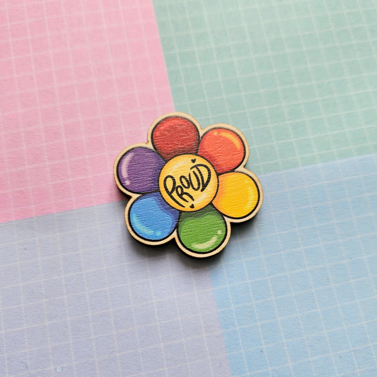 Eco Friendly Wooden 1.5 Inch Pin - Rainbow LGBTQ+ Pride Proud Flower