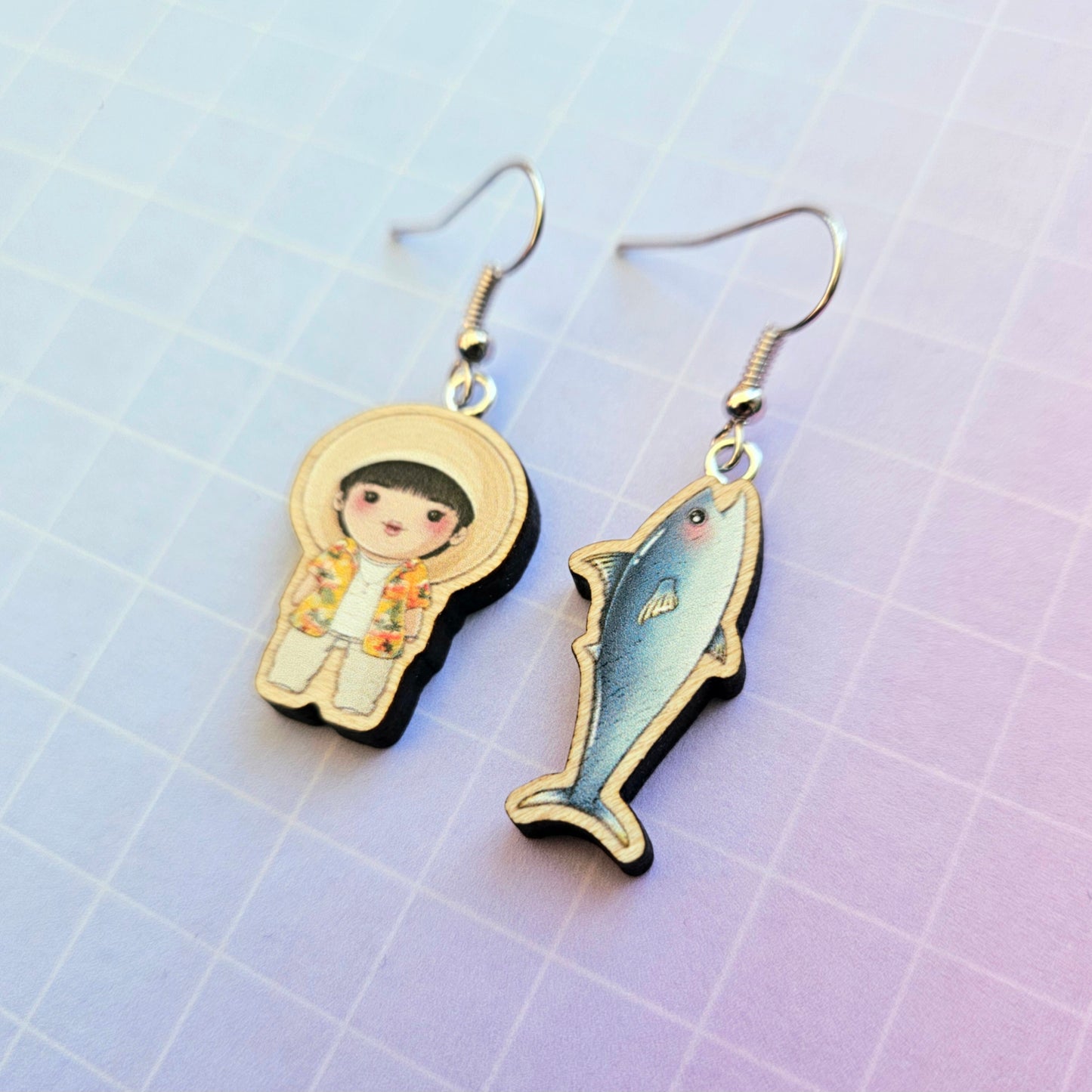Eco Friendly 1 Inch Wooden Dangle Earrings - Super Tuna Jin