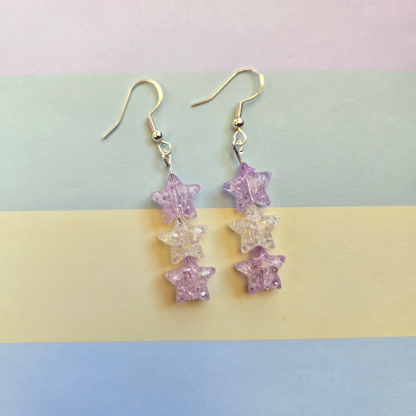 Super Cute Pastel Dangle Drop Earrings - White and Purple Stars