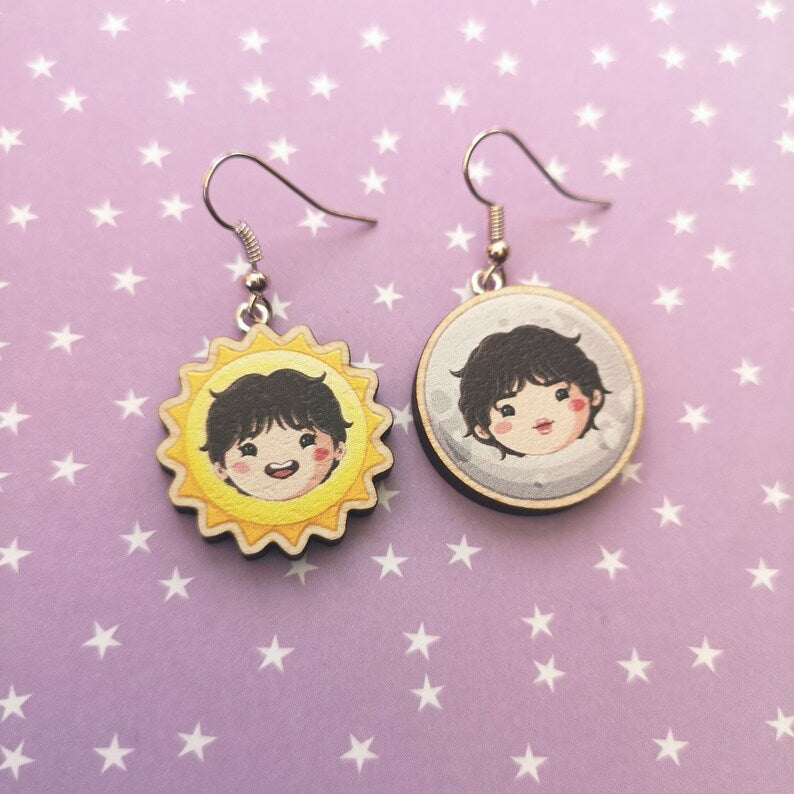 Eco Friendly 1 Inch Wooden Dangle Earrings - Sun and Moon 2Seok
