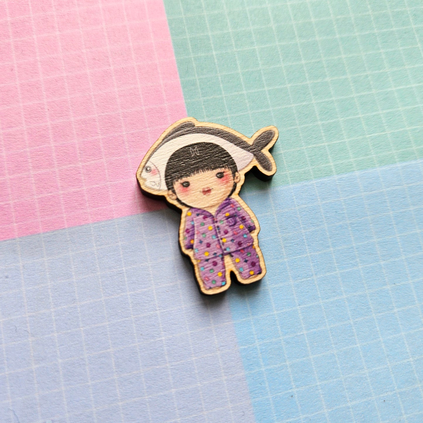 Eco Friendly Wooden 1.5 Inch Pin - Kim Seokjin Jin Super Tuna Live Chibi