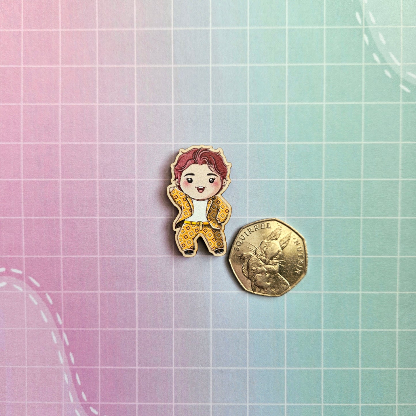 Eco Friendly Wooden 1.5 Inch Pin - BTS OT7 Idol Chibi