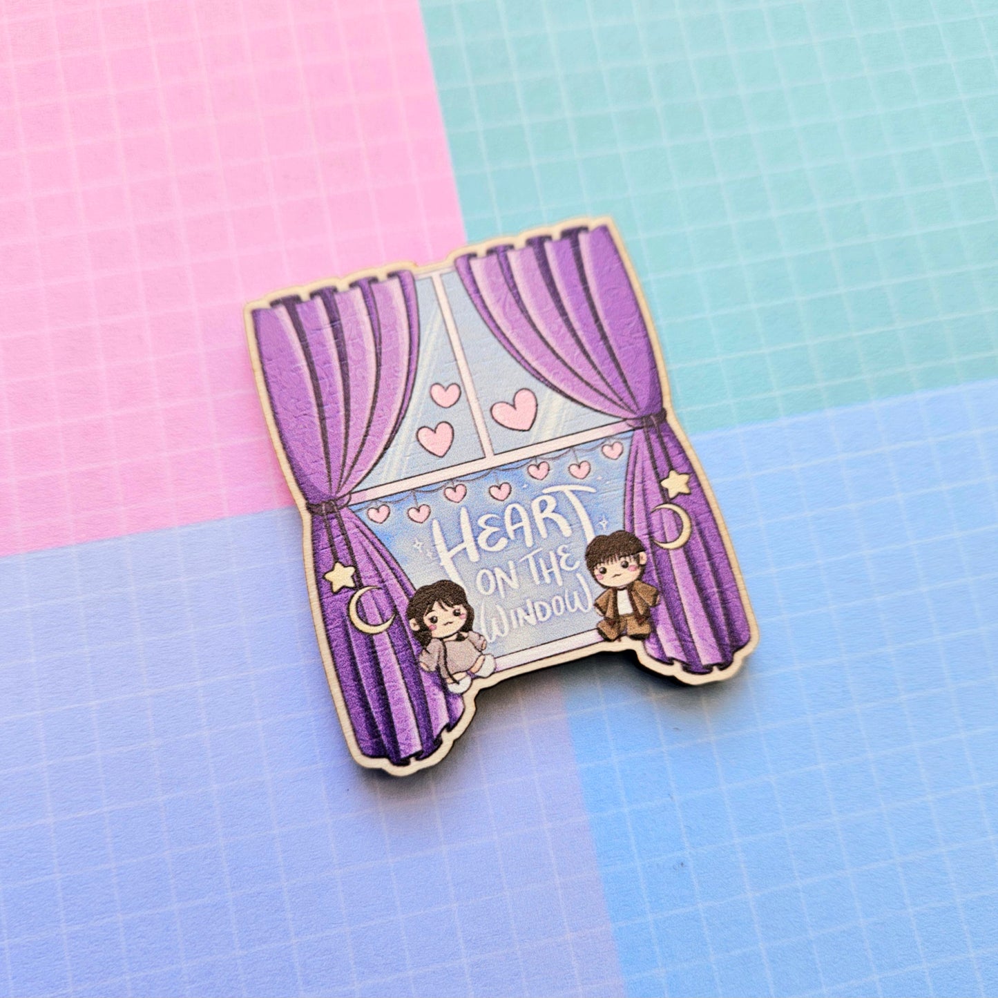 Eco Friendly Wooden 2 Inch Pin - Kim Seokjin Jin and Wendy Heart on the Window