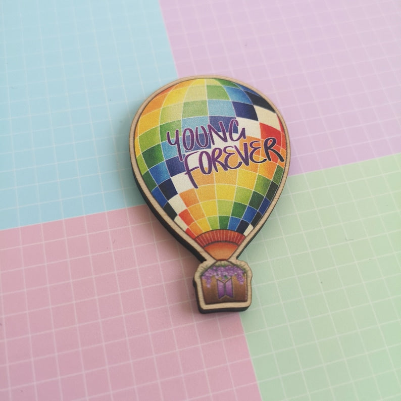 Eco Friendly Wooden 2 Inch Pin - BTS OT7 Young Forever Balloon