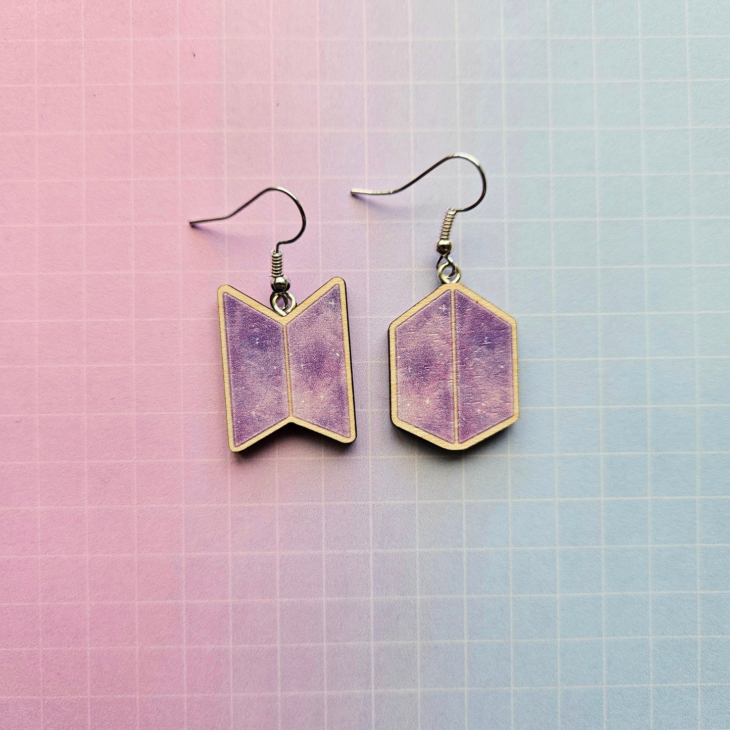 Eco Friendly 1 Inch Wooden Dangle Earrings - Pastel Bangtan and ARMY Logo
