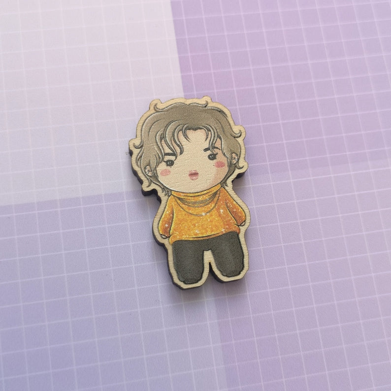 Eco Friendly Wooden 1.5 Inch Pin - Kim Taehyung V BTS Chibi