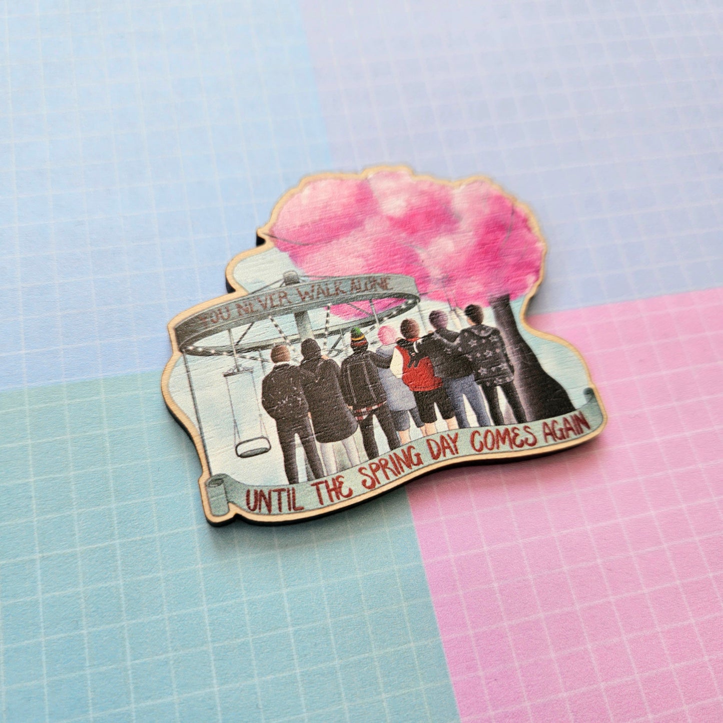 Eco Friendly Wooden 2.5 Inch Pin - BTS OT7 Bangtan Spring Day