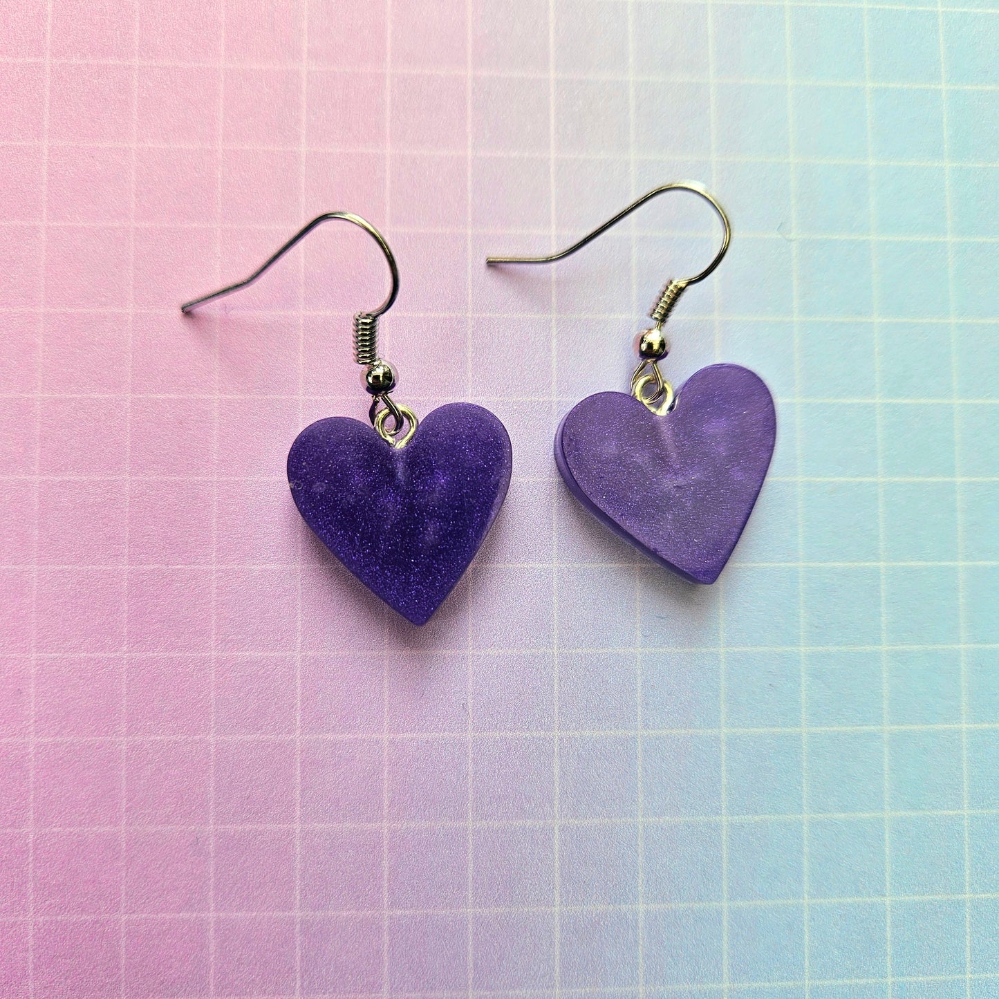 Handmade Resin Dangle Drop Earrings - Purple or Lilac Bora Hearts Medium