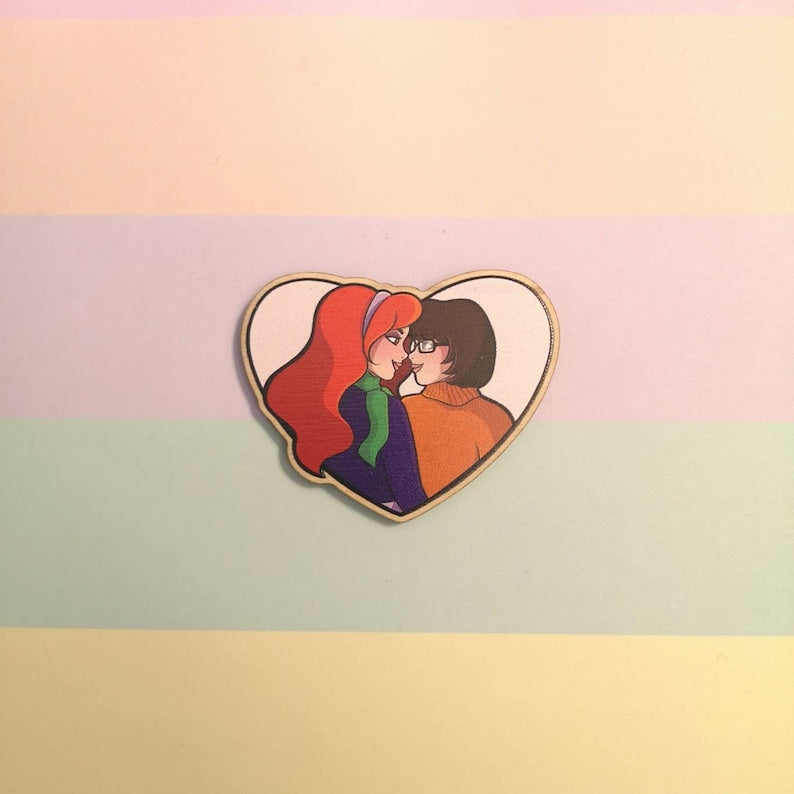 Eco Friendly Wooden 2 Inch Pin - Daphne and Velma Heart