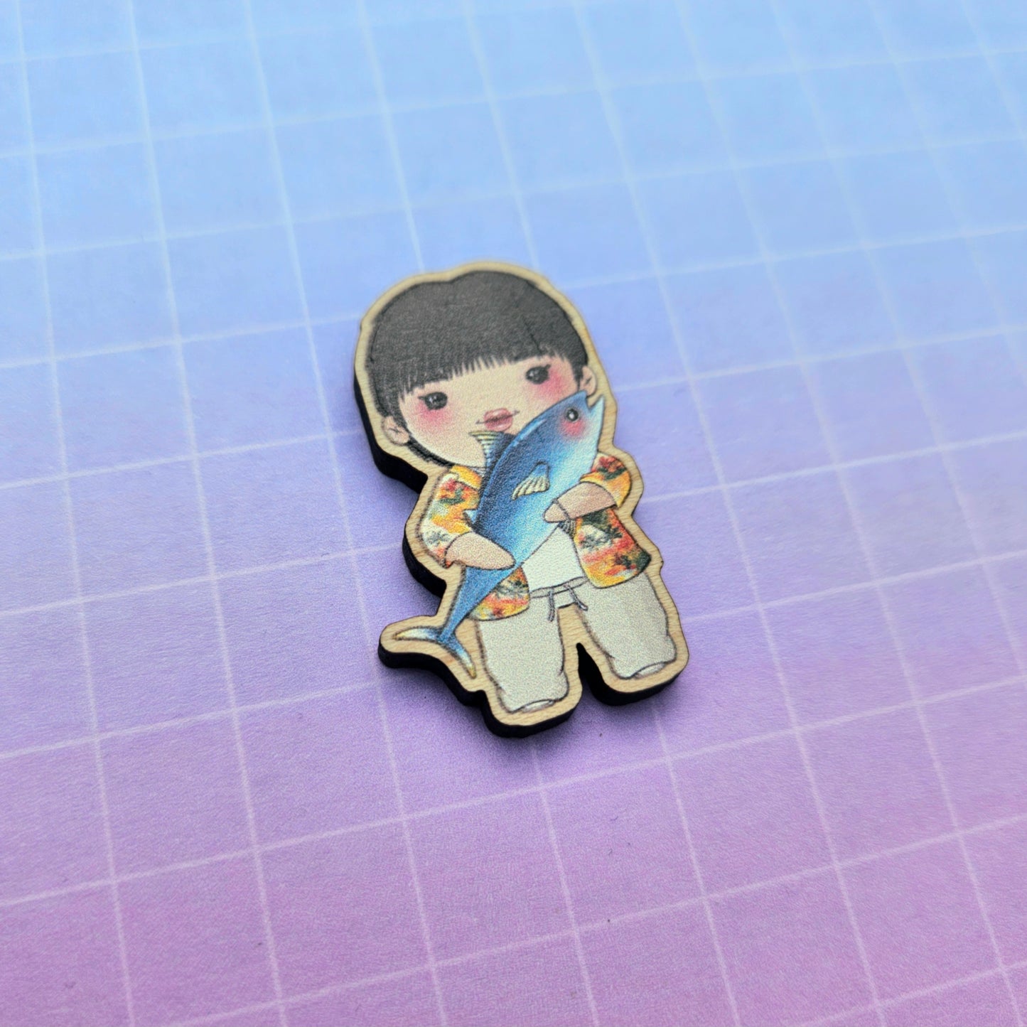 Eco Friendly Wooden 1.5 Inch Pin - Super Tuna Jin BTS Chibi