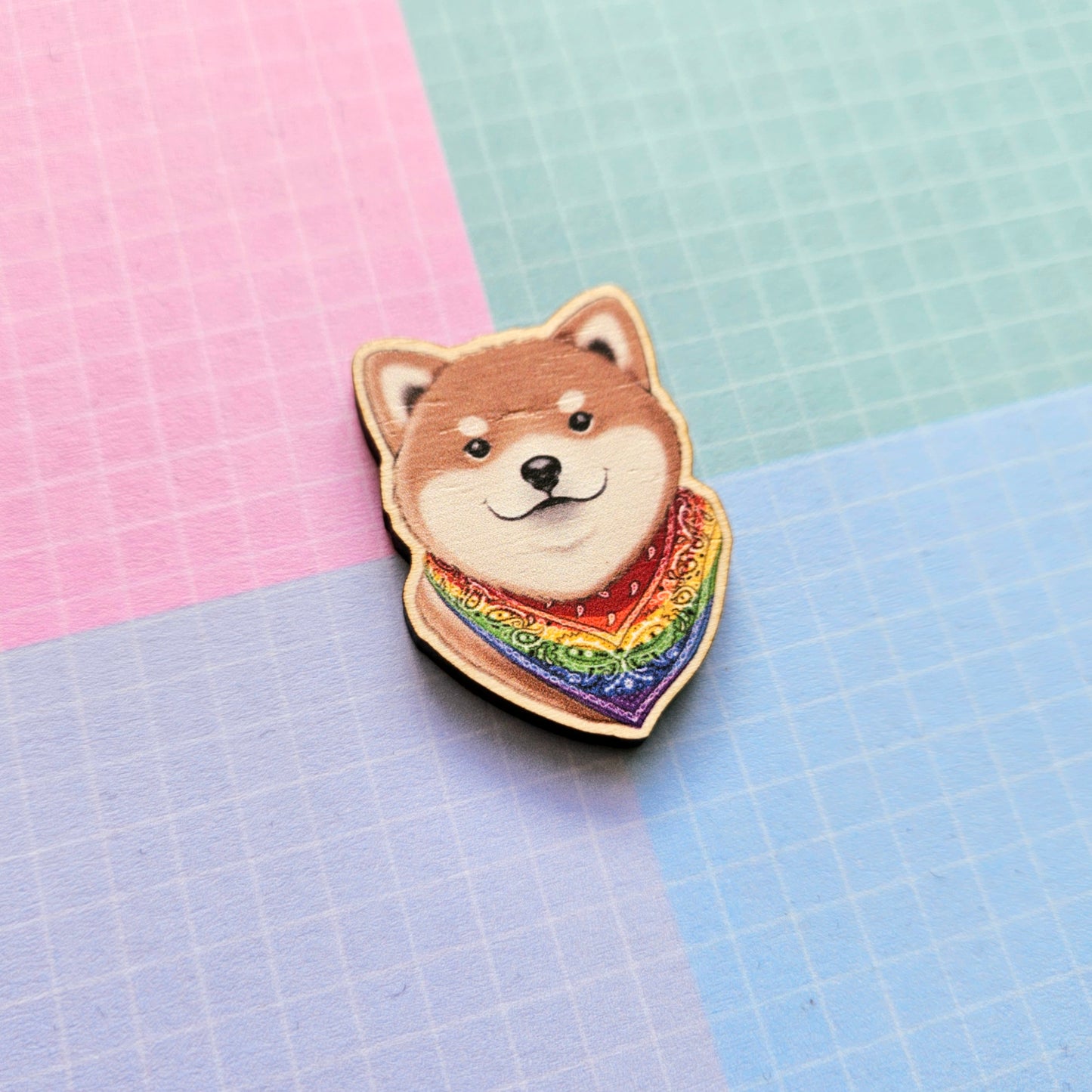 Eco Friendly Wooden 1.5 Inch Pin - Rainbow LGBTQ+ Pride Doggo in Bandana