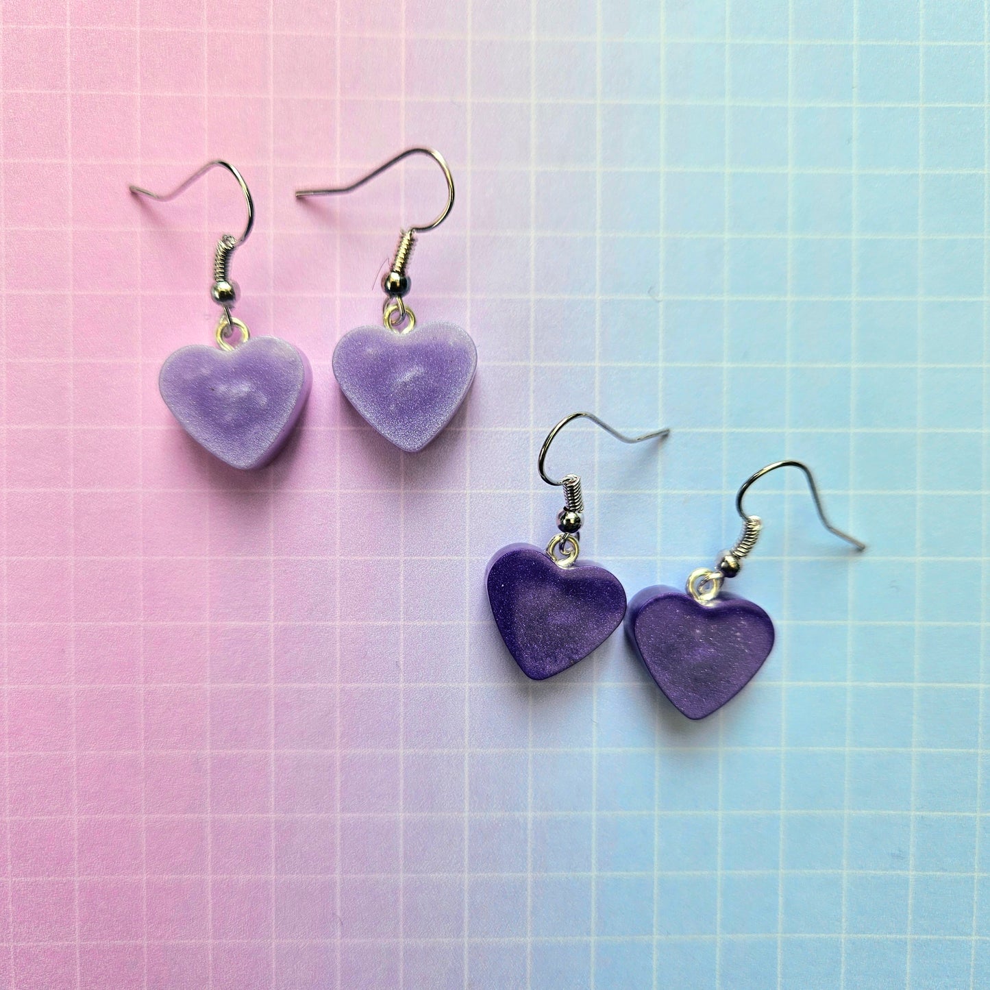 Handmade Resin Dangle Drop Earrings - Purple or Lilac Bora Hearts Small