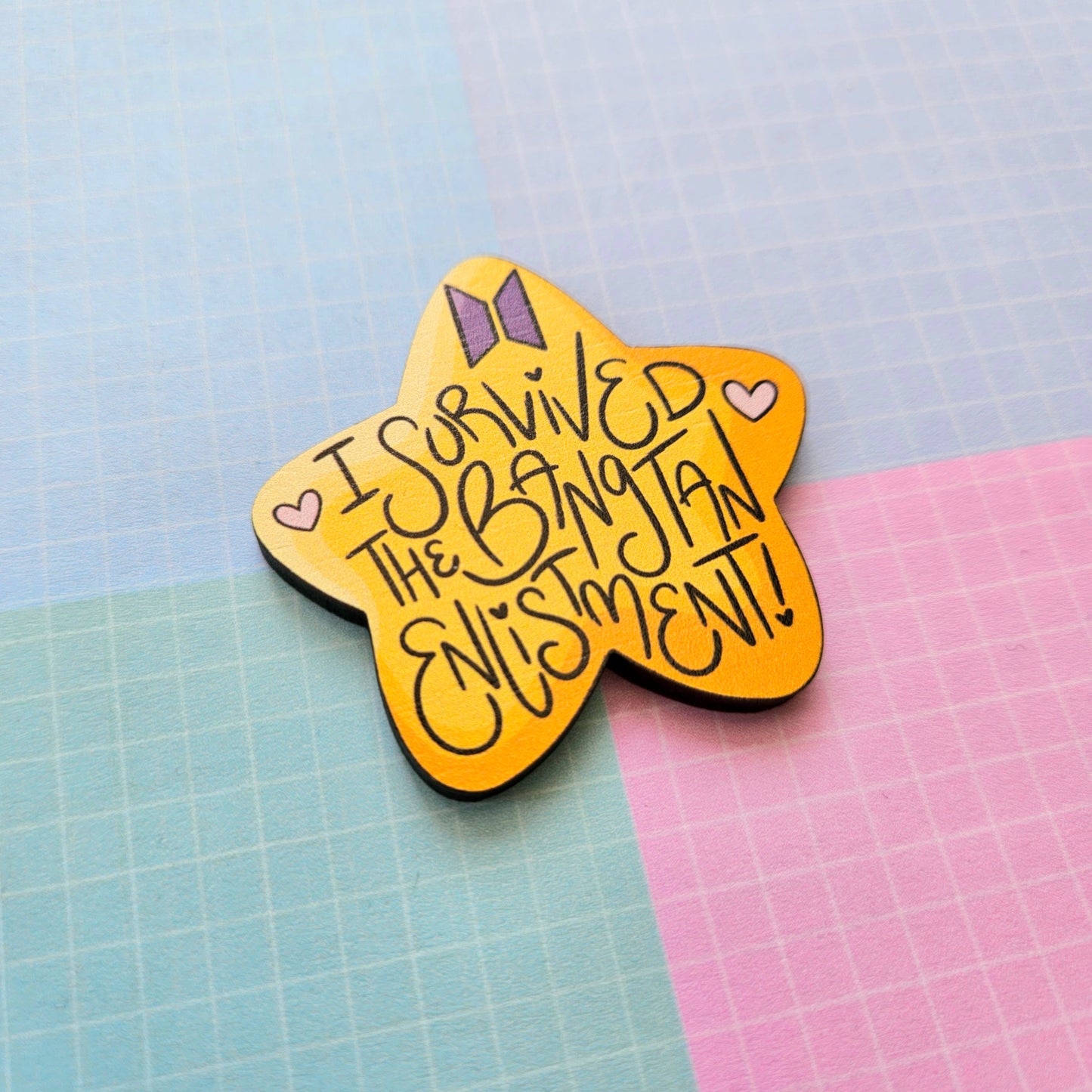 Eco Friendly Wooden 2 Inch Pin - BTS OT7 Bangtan Enlistment Golden Star