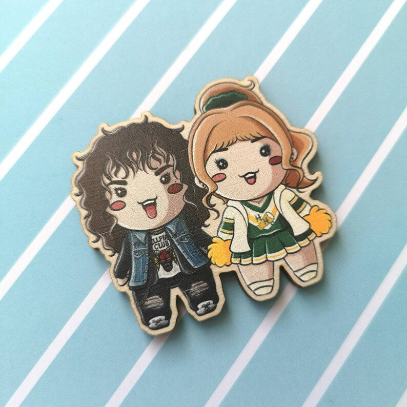 Eco Friendly Wooden 2 Inch Pin - Stranger Duos Robin Steve Eddie Chrissy Dustin