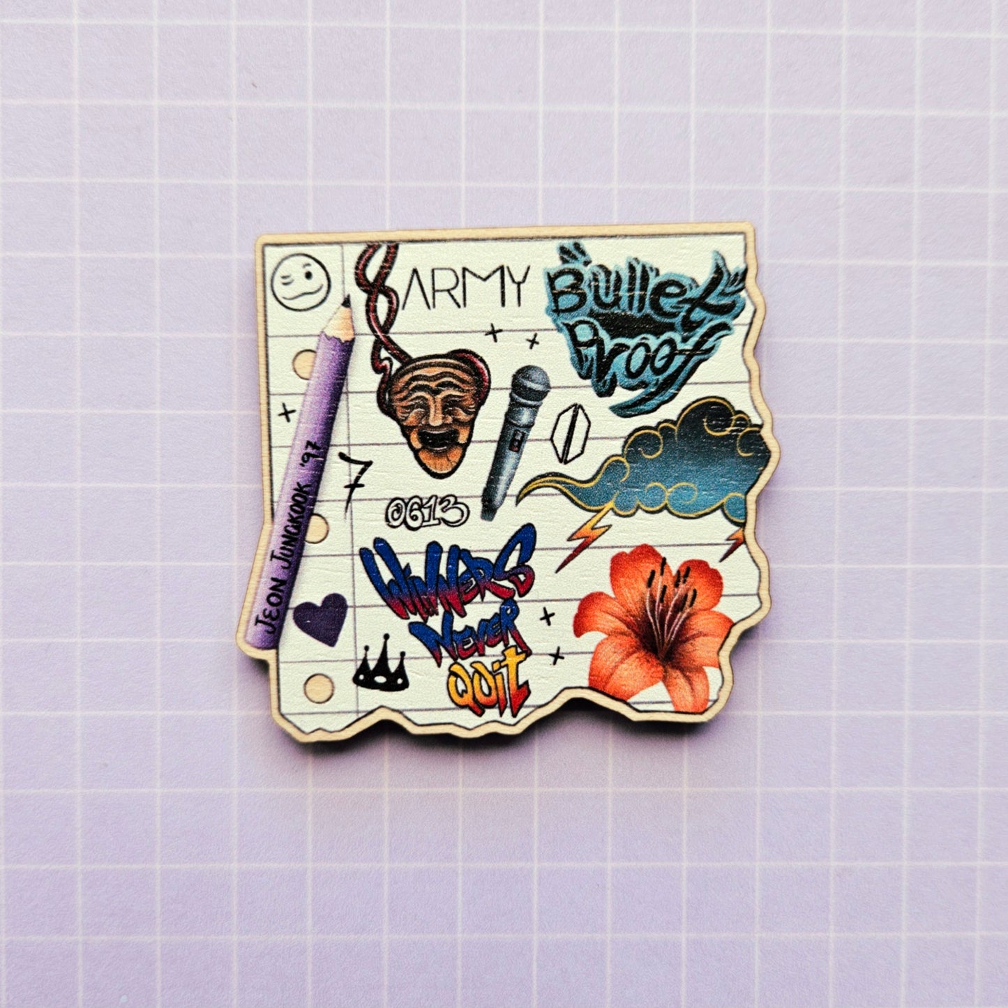 Eco Friendly Wooden 2 Inch Pin - Tattoo Notepad Jungkook JK