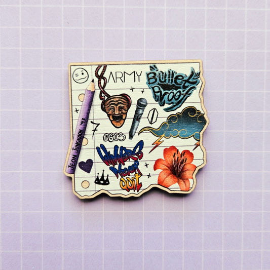Eco Friendly Wooden 2 Inch Pin - Tattoo Notepad Jungkook JK