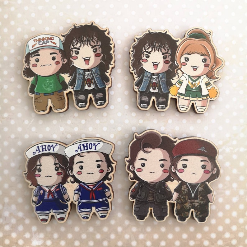 Eco Friendly Wooden 2 Inch Pin - Stranger Duos Robin Steve Eddie Chrissy Dustin