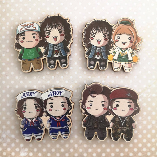 Eco Friendly Wooden 2 Inch Pin - Stranger Duos Robin Steve Eddie Chrissy Dustin