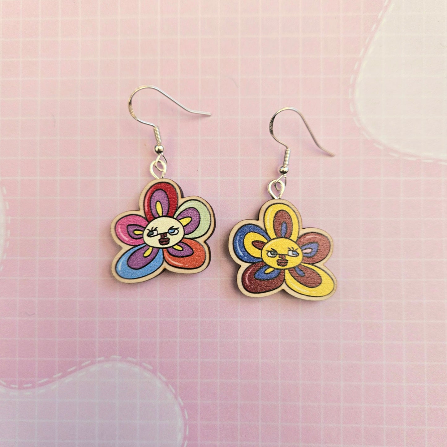Eco Friendly 1 Inch Wooden Dangle Earrings - Taehyung V Flowers