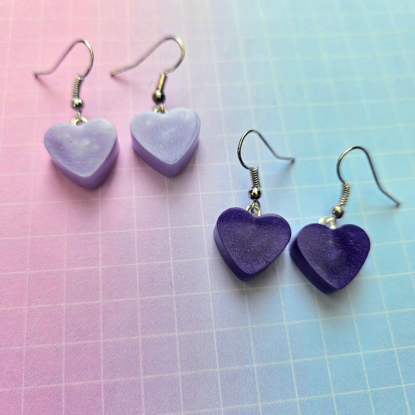 Handmade Resin Dangle Drop Earrings - Purple or Lilac Bora Hearts Small