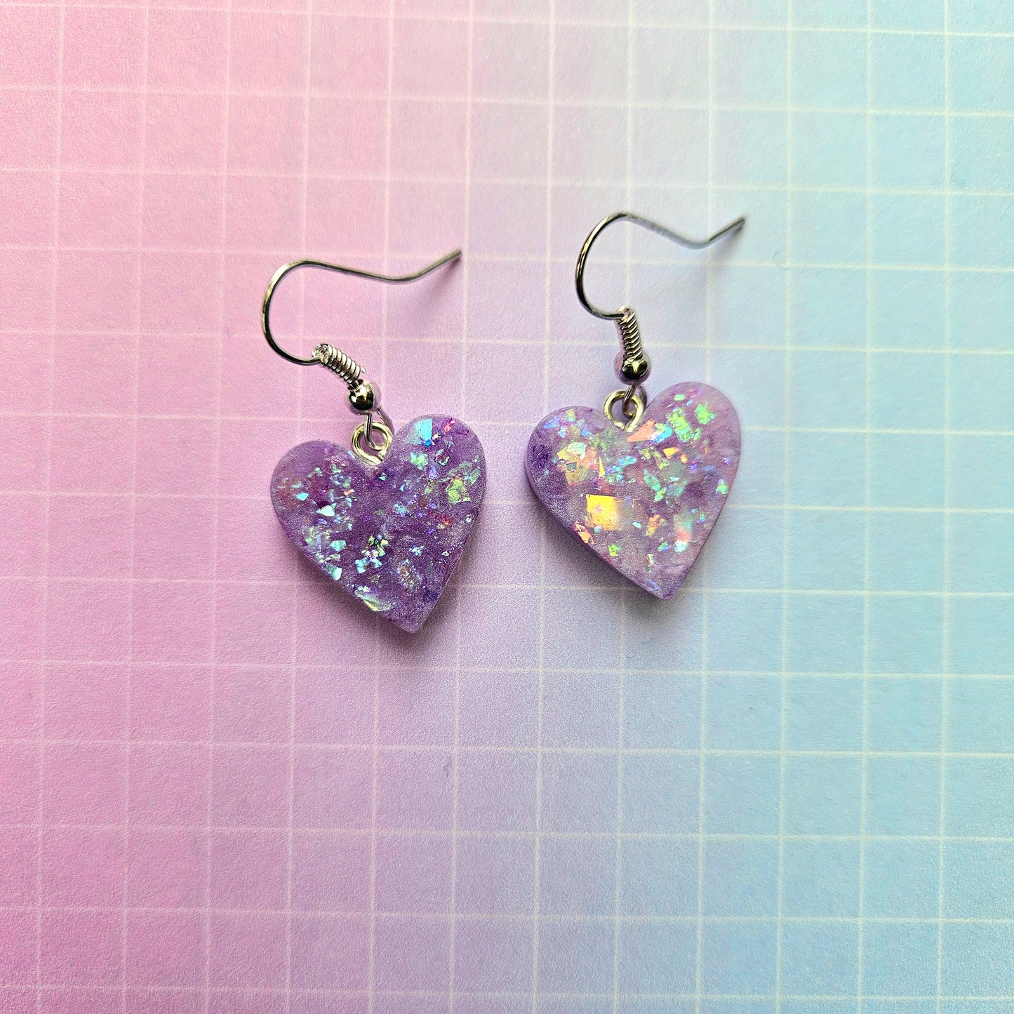 Handmade Resin Dangle Drop Earrings - Purple or Lilac Bora Hearts Medium