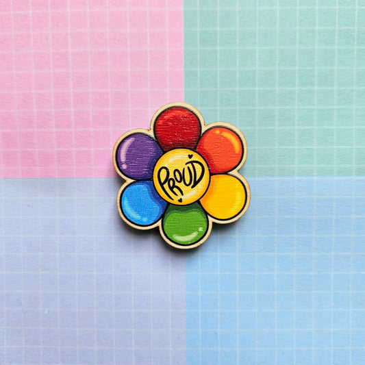 Eco Friendly Wooden 1.5 Inch Pin - Rainbow LGBTQ+ Pride Proud Flower