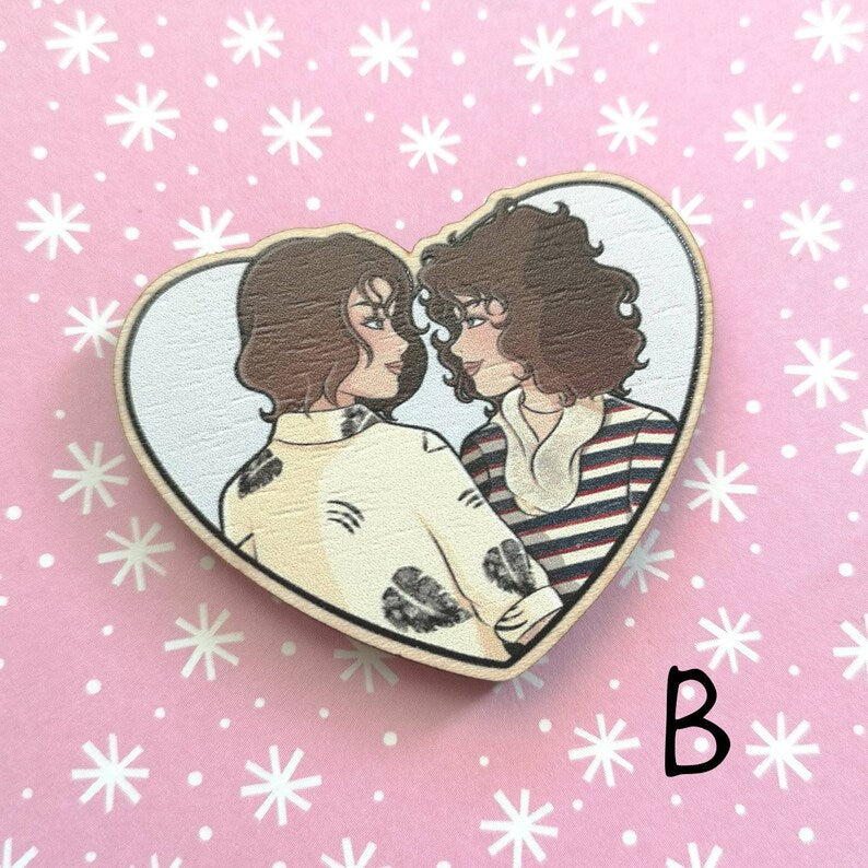 Eco Friendly Wooden 2 Inch Pin - Robin and Nancy Heart