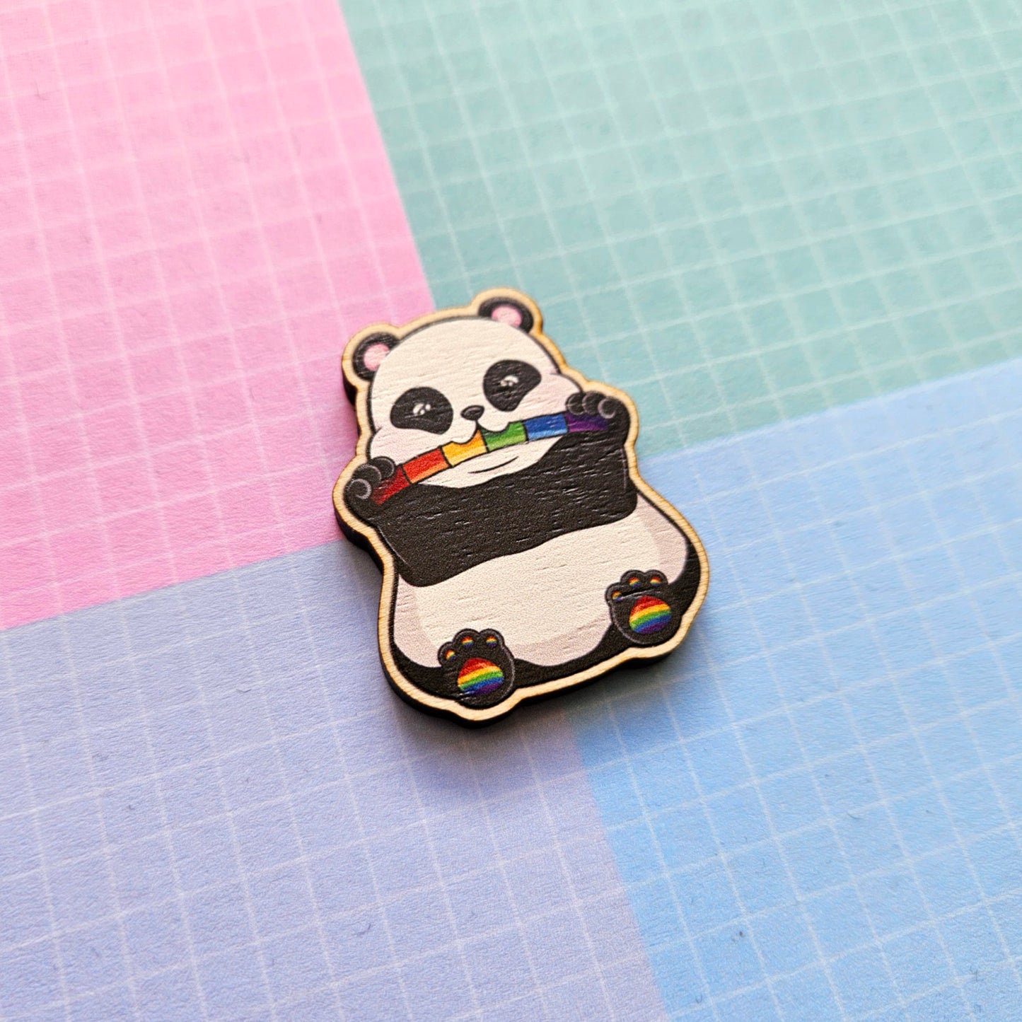 Eco Friendly Wooden 1.5 Inch Pin - Rainbow LGBTQ+ Pride Panda Bear