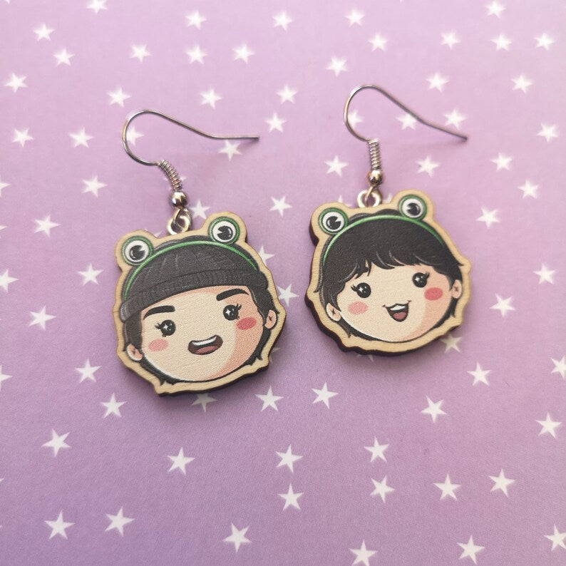 Eco Friendly 1 Inch Wooden Dangle Earrings - Froggy Taekook