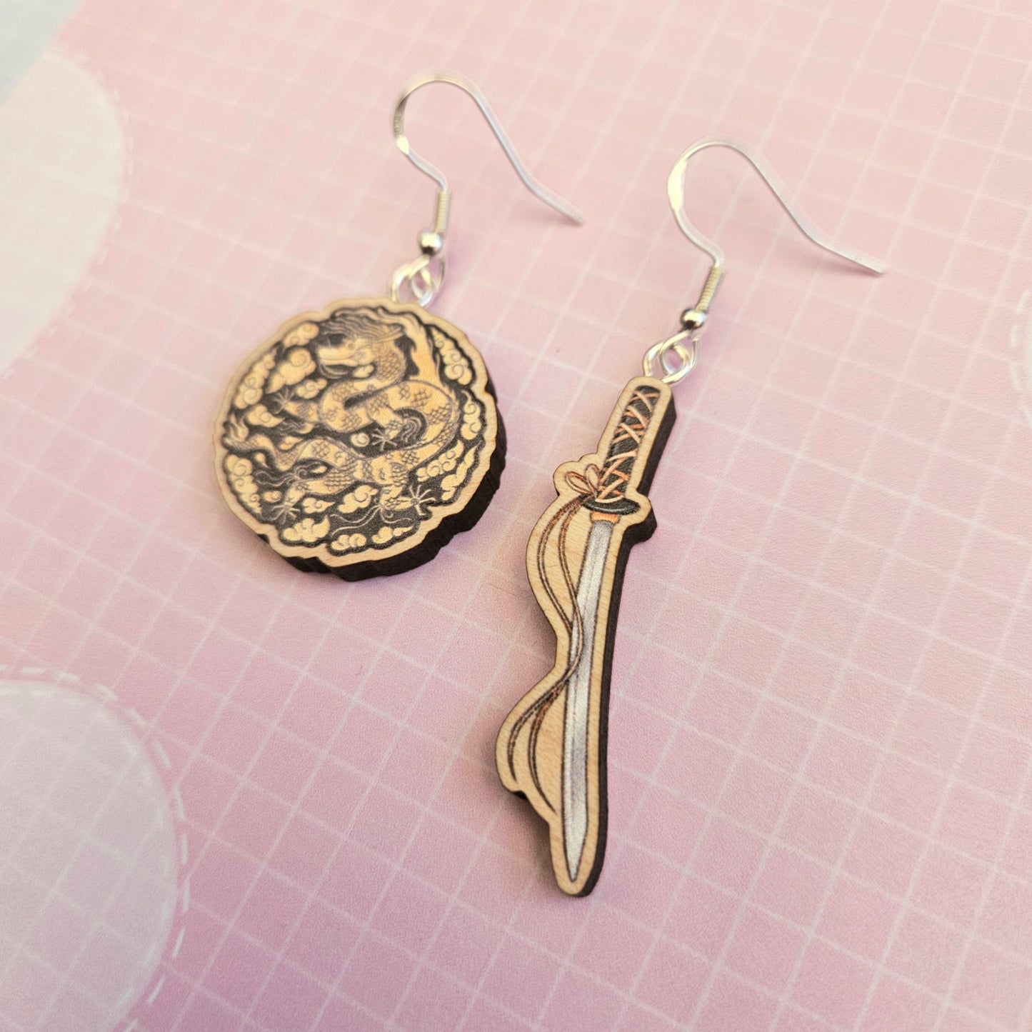 Eco Friendly 1 Inch Wooden Dangle Earrings - Agust D Daechwita Mismatched Sword and Dragon
