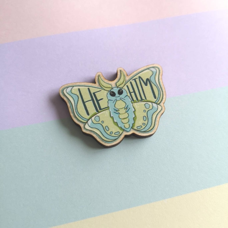 Eco Friendly Wooden 1.5 Inch Pin - Pastel Pronoun Moths