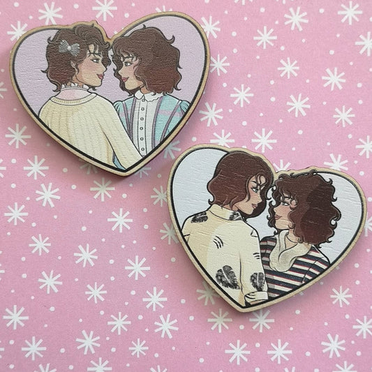 Eco Friendly Wooden 2 Inch Pin - Robin and Nancy Heart