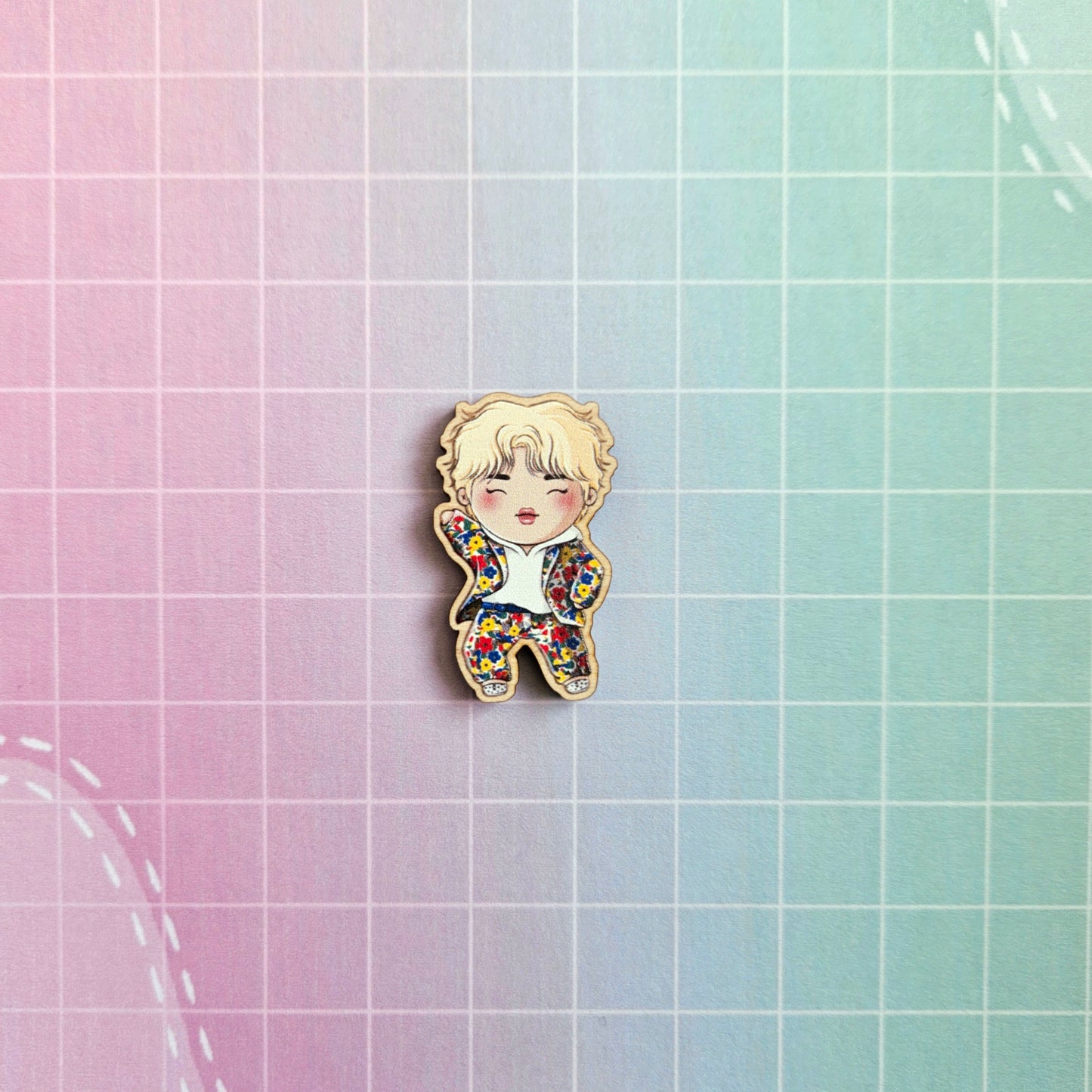 Eco Friendly Wooden 1.5 Inch Pin - BTS OT7 Idol Chibi
