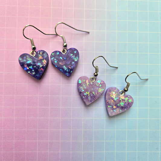 Handmade Resin Dangle Drop Earrings - Purple or Lilac Bora Hearts Medium