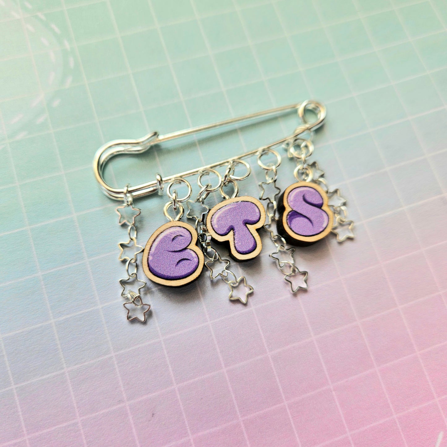 Eco Friendly Wooden Charm Safety Pin Brooch - BTS