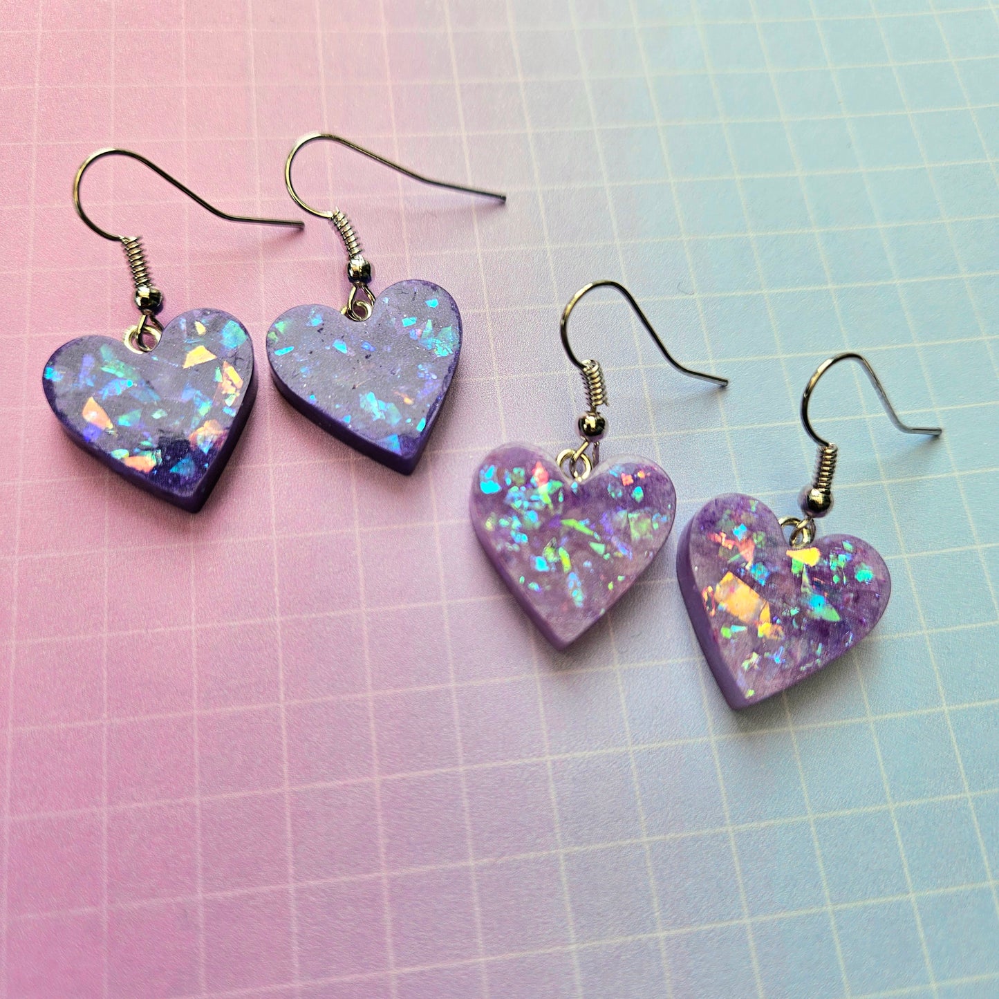 Handmade Resin Dangle Drop Earrings - Purple or Lilac Bora Hearts Medium