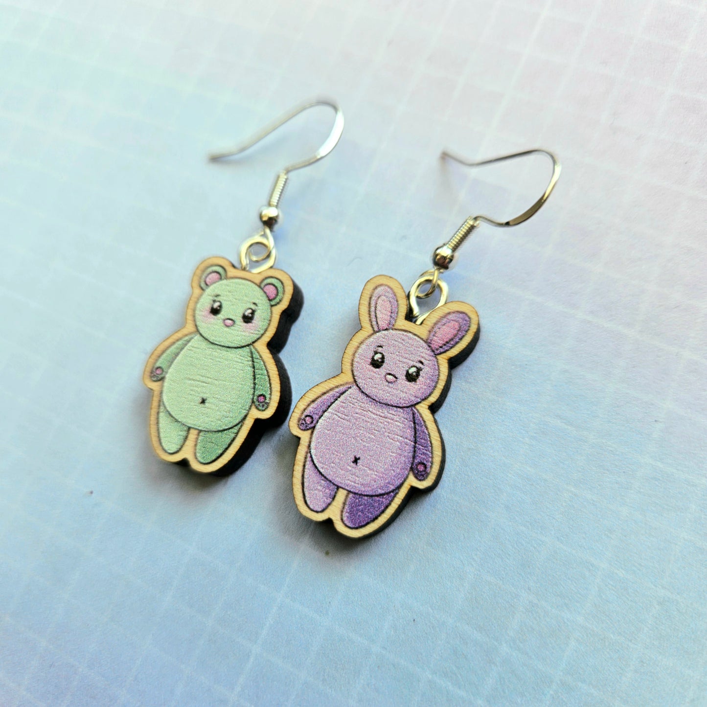Eco Friendly 1 Inch Wooden Dangle Earrings - Bunny and Bear Taekook