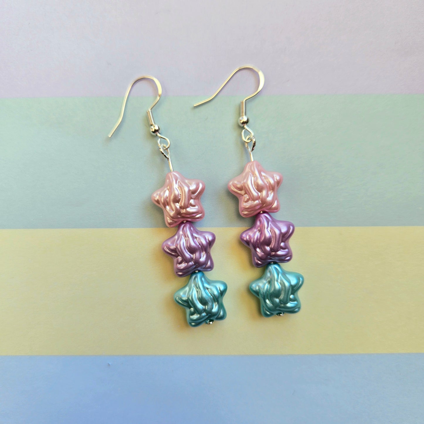 Super Cute Pastel Dangle Drop Earrings - Pearly Pink Blue Purple Stars