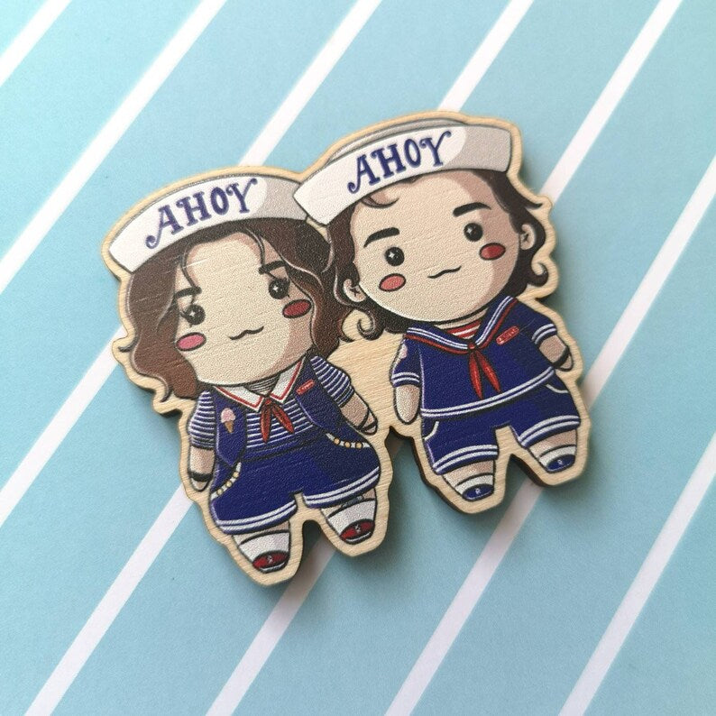 Eco Friendly Wooden 2 Inch Pin - Stranger Duos Robin Steve Eddie Chrissy Dustin