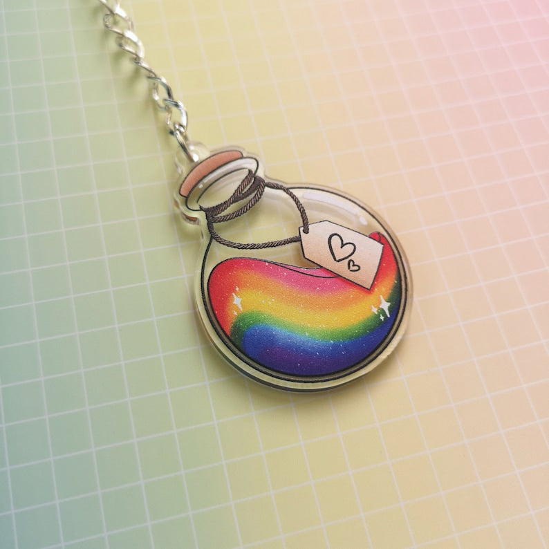 Eco Friendly Acrylic Double Sided 2 Inch Keychain - Rainbow Pride Potion Bottle