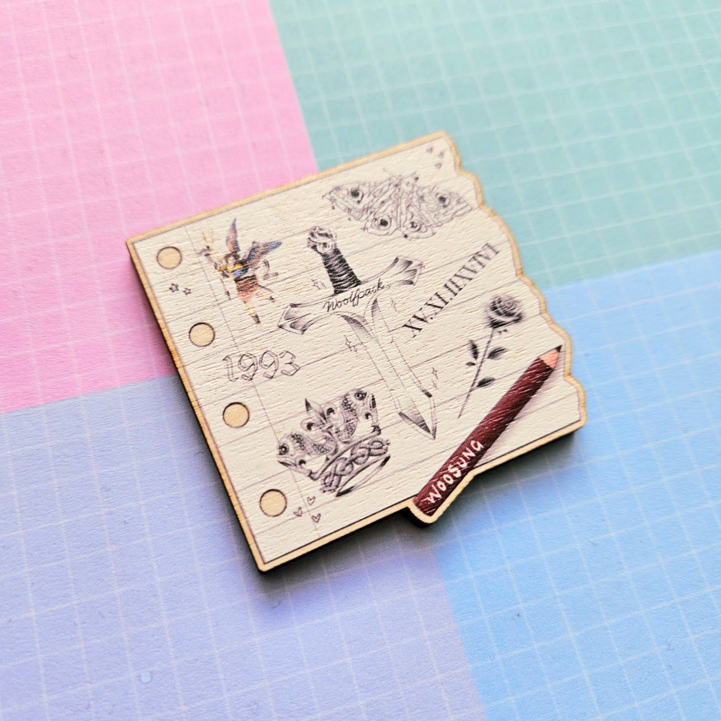 Eco Friendly Wooden 2 Inch Pin - The Rose Woosung Tattoo Notepad