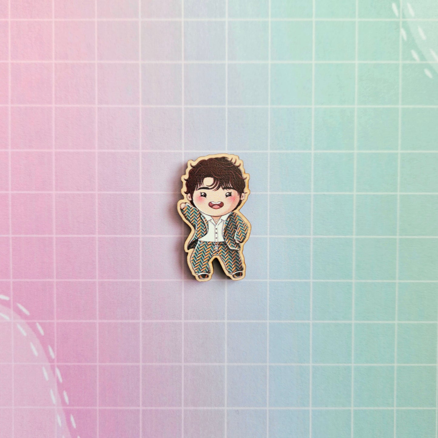 Eco Friendly Wooden 1.5 Inch Pin - BTS OT7 Idol Chibi