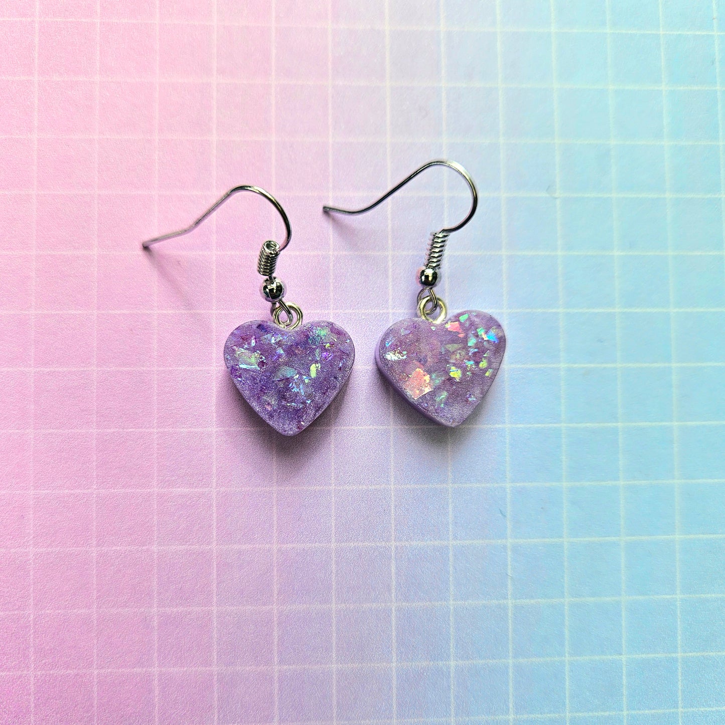 Handmade Resin Dangle Drop Earrings - Purple or Lilac Bora Hearts Small