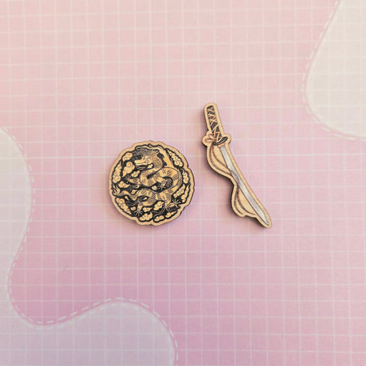 Eco Friendly Wooden 1 Inch Filler Pin or Necklace - Daechwita Sword and Dragon