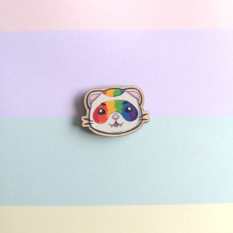 Eco Friendly Wooden 1 Inch Filler Pin - Rainbow LGBTQ+ Pride Ferret Face