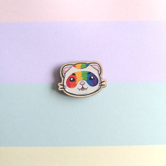 Eco Friendly Wooden 1 Inch Filler Pin - Rainbow LGBTQ+ Pride Ferret Face