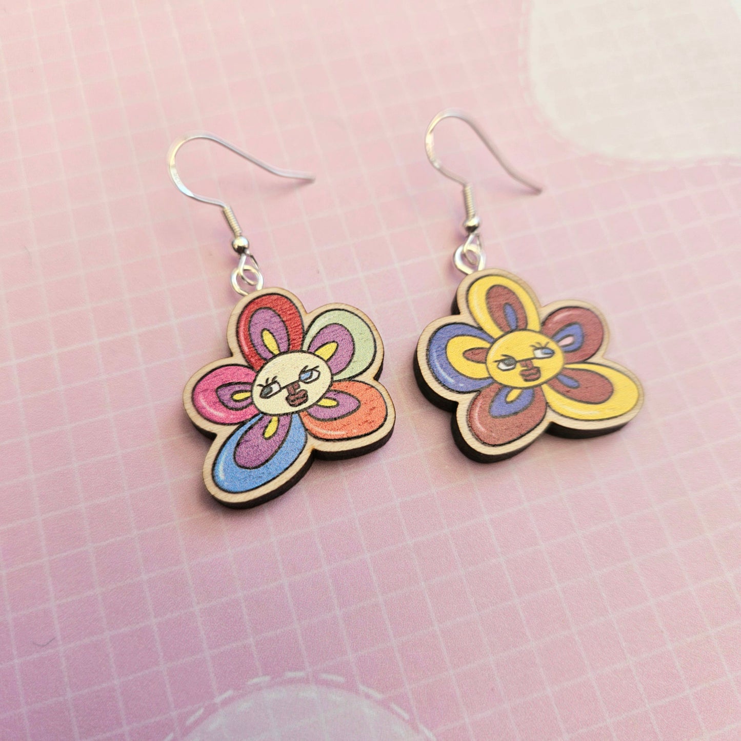 Eco Friendly 1 Inch Wooden Dangle Earrings - Taehyung V Flowers