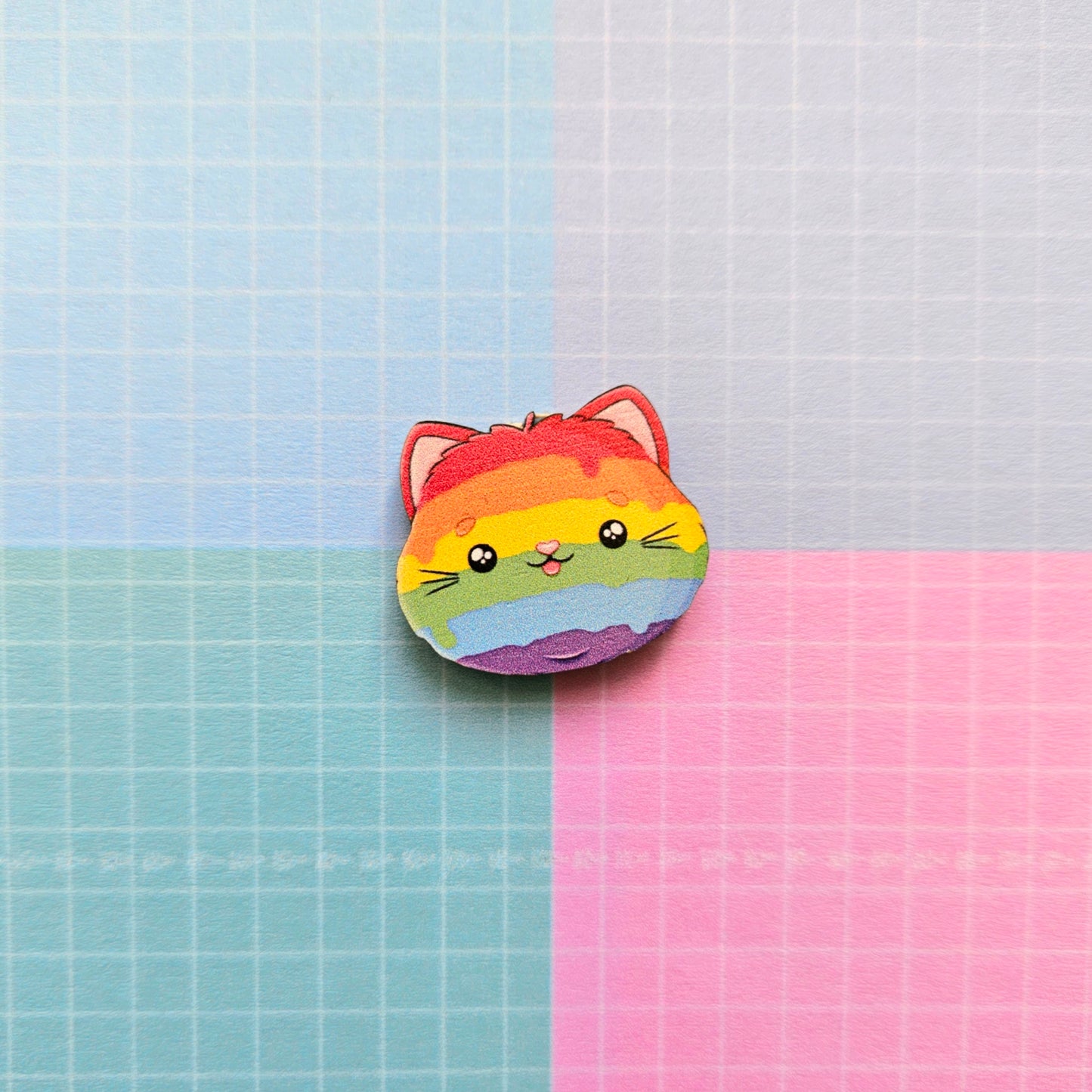 Eco Friendly Wooden 1 Inch Mini Filler Pin or Necklace - Rainbow LGBTQ+ Pride Kitty Cat