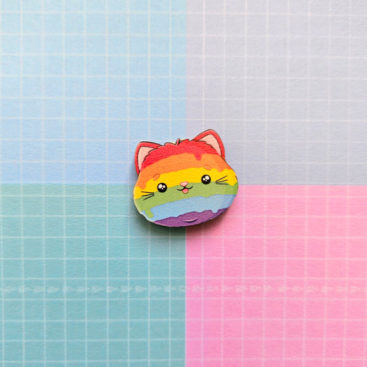 Eco Friendly Wooden 1 Inch Mini Filler Pin or Necklace - Rainbow LGBTQ+ Pride Kitty Cat