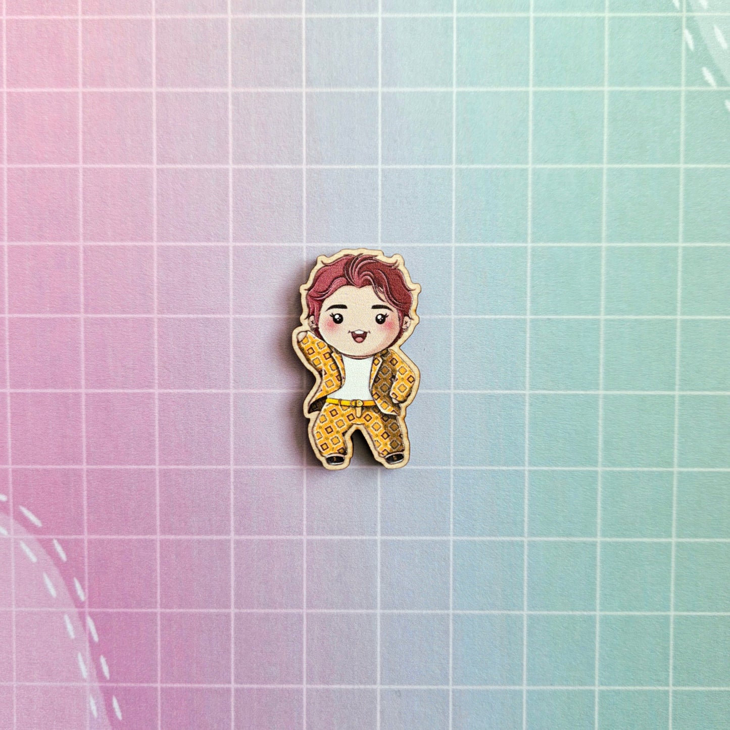 Eco Friendly Wooden 1.5 Inch Pin - BTS OT7 Idol Chibi